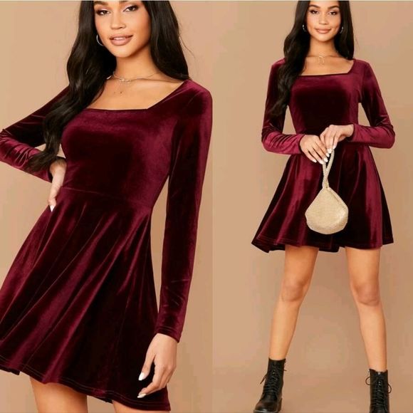 - Dresses & Skirts - Square Neck Burgundy Velvet Dress